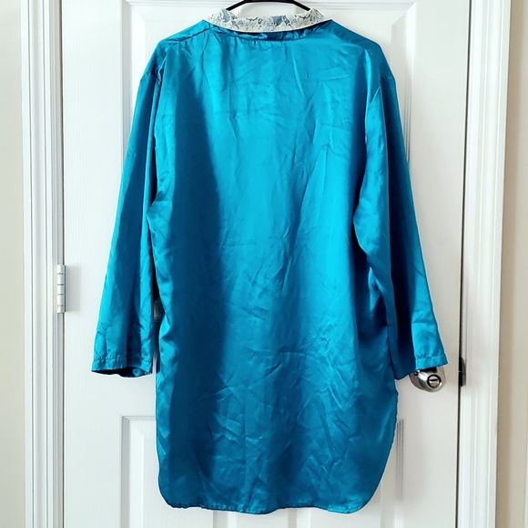 Vintage Victoria Secret Teal Satin Pajama Shirt/Tunic with Lace Collar - Picture 3 of 5